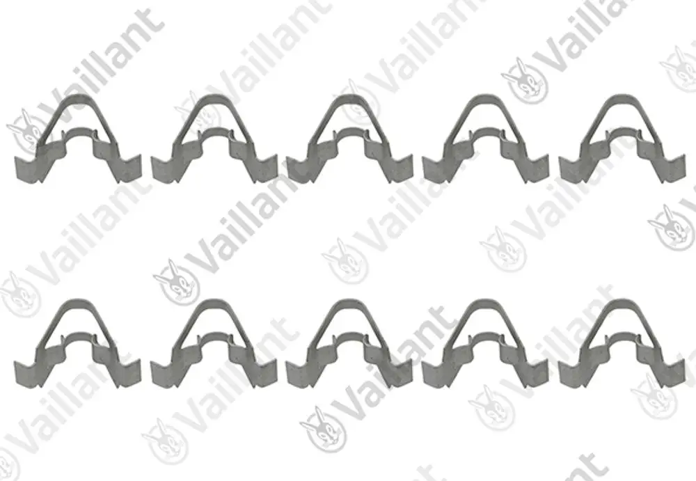 Vaillant Clips in einer Anordnung von zehn Stück, aus Metall gefertigt, zur Verwendung in Heizungsinstallationen.